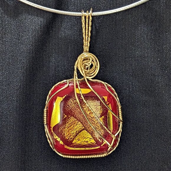 Striking Red with Gold DICHROIC * 14k Gold-Filled Wire-Wrapped Glass Pendant - Picture 2 of 3